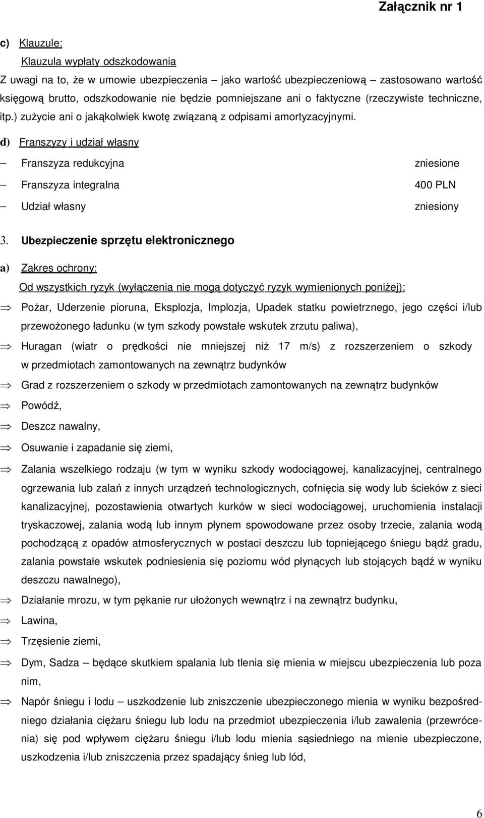 d) Franszyzy i udział własny Franszyza redukcyjna zniesione Franszyza integralna 400 PLN Udział własny zniesiony 3.
