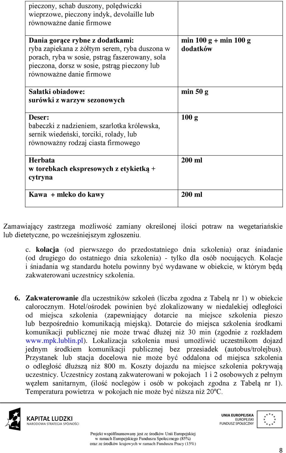sernik wiedeński, torciki, rolady, lub równoważny rodzaj ciasta firmowego Herbata w torebkach ekspresowych z etykietką + cytryna Kawa + mleko do kawy min 100 g + min 100 g dodatków min 50 g 100 g 200