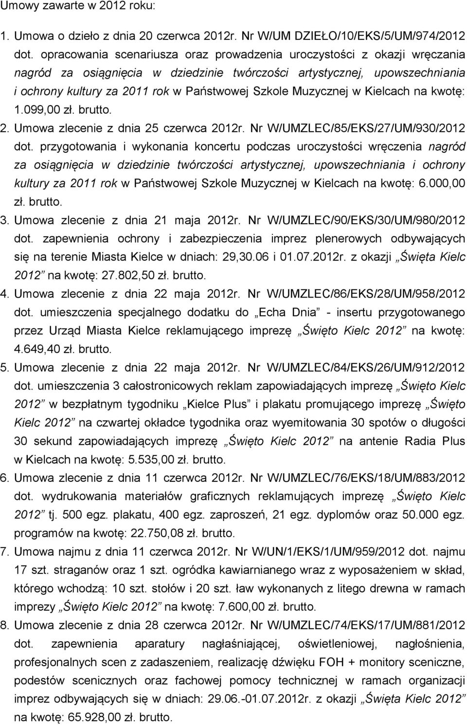 Muzycznej w Kielcach na kwotę: 1.099,00 zł. 2. Umowa zlecenie z dnia 25 czerwca 2012r. Nr W/UMZLEC/85/EKS/27/UM/930/2012 dot.