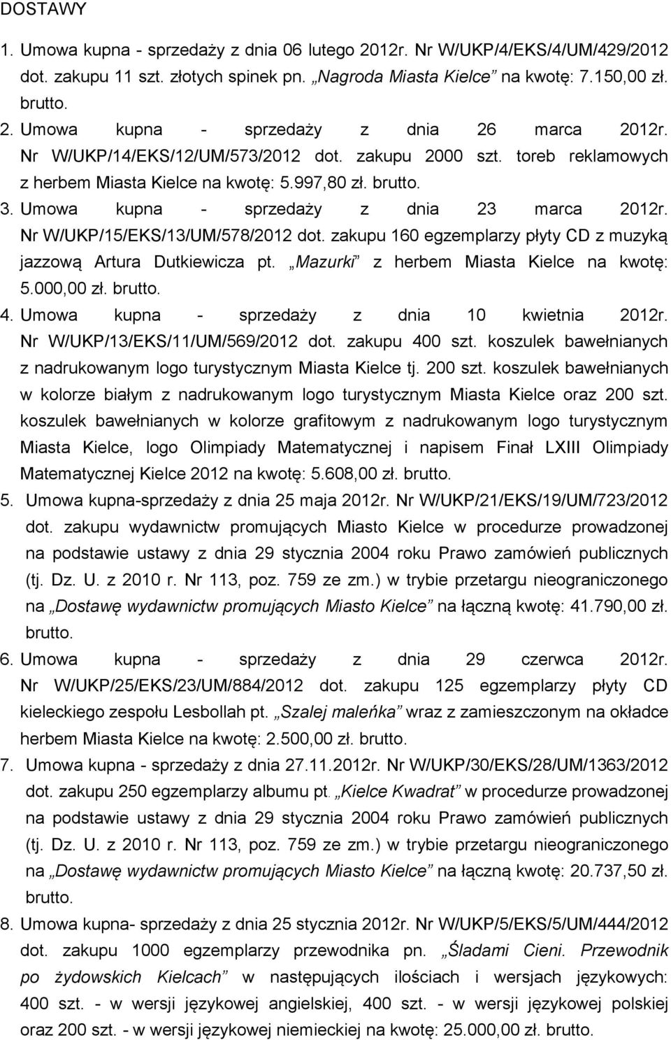 Nr W/UKP/15/EKS/13/UM/578/2012 dot. zakupu 160 egzemplarzy płyty CD z muzyką jazzową Artura Dutkiewicza pt. Mazurki z herbem Miasta Kielce na kwotę: 5.000,00 zł. 4.