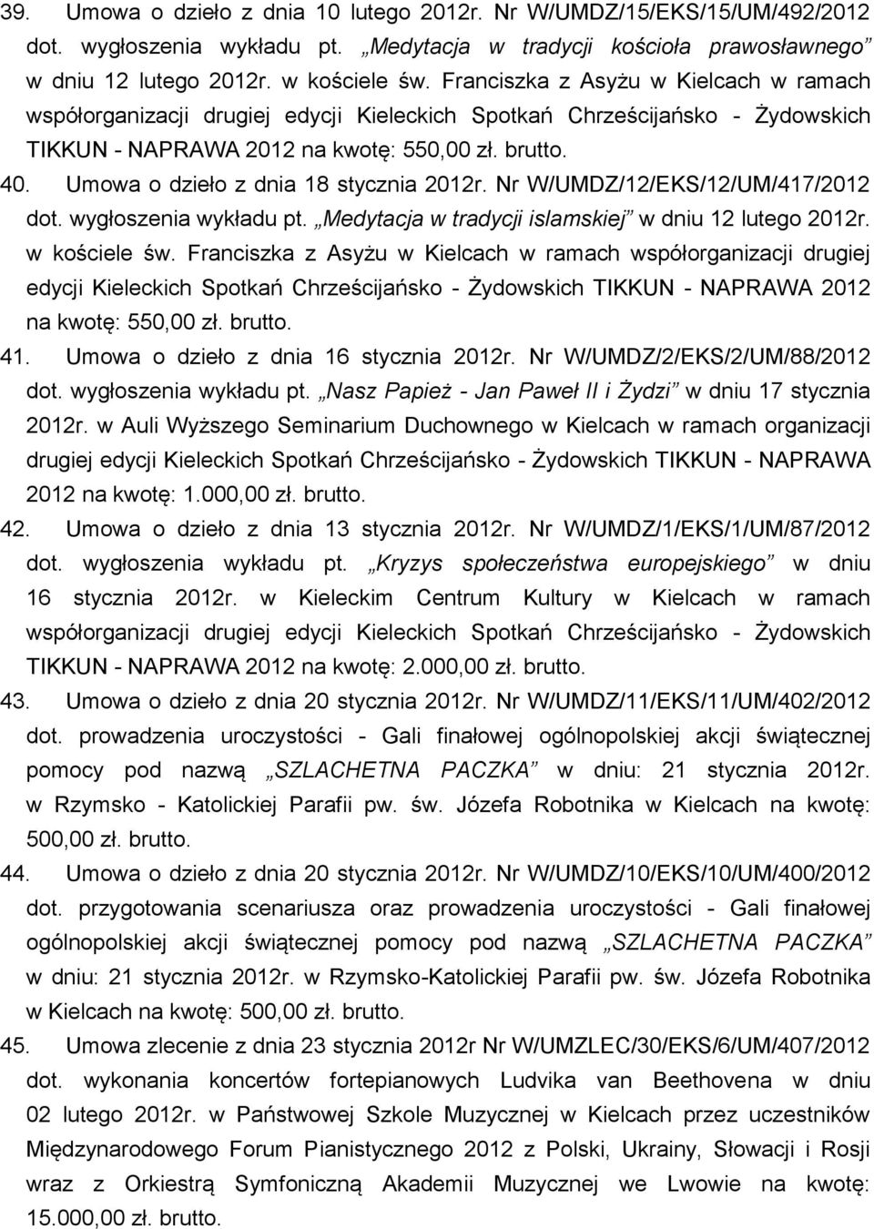 Umowa o dzieło z dnia 18 stycznia 2012r. Nr W/UMDZ/12/EKS/12/UM/417/2012 dot. wygłoszenia wykładu pt. Medytacja w tradycji islamskiej w dniu 12 lutego 2012r. w kościele św.