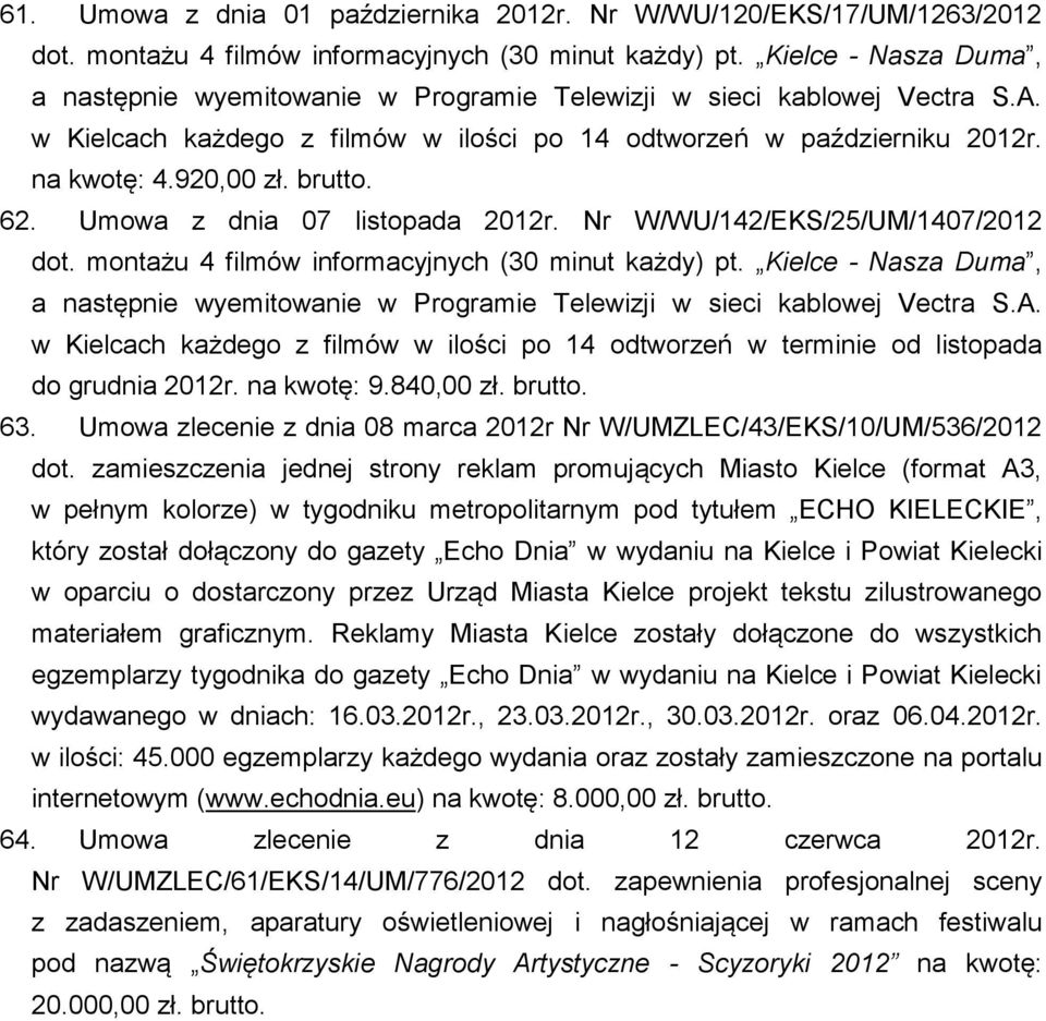 Umowa z dnia 07 listopada 2012r. Nr W/WU/142/EKS/25/UM/1407/2012 dot. montażu 4 filmów informacyjnych (30 minut każdy) pt.