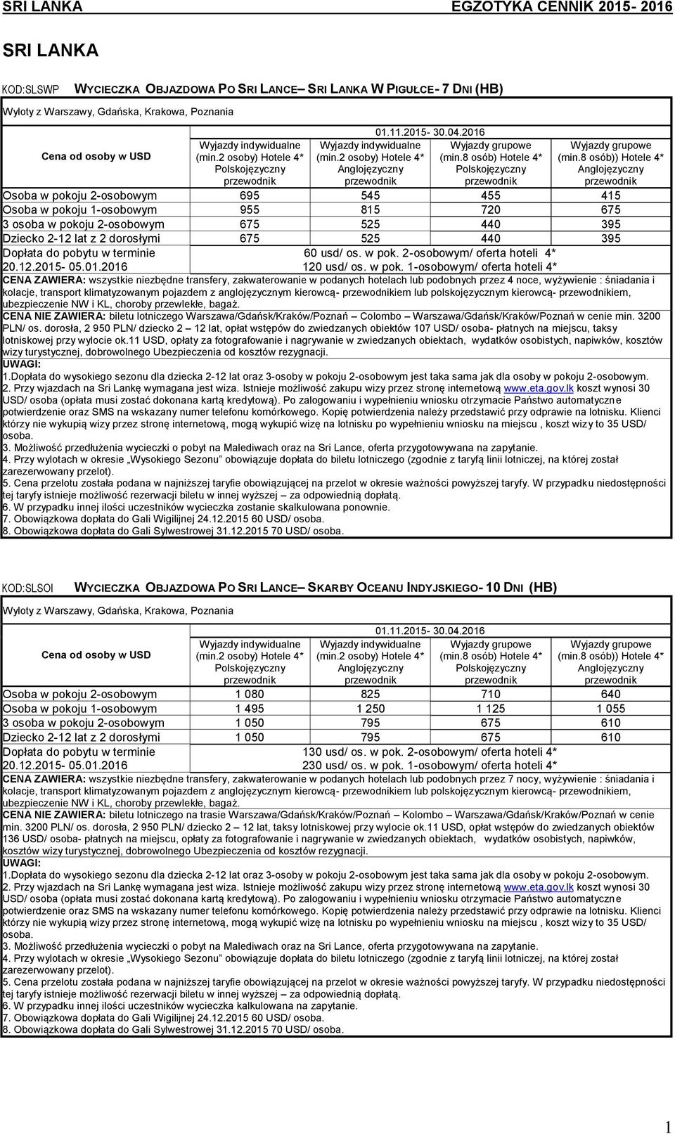 8 osób)) Hotele 4* Anglojęzyczny Osoba w pokoju 2-osobowym 695 545 455 415 Osoba w pokoju 1-osobowym 955 815 720 675 3 osoba w pokoju 2-osobowym 675 525 440 395 Dziecko 2-12 lat z 2 dorosłymi 675 525