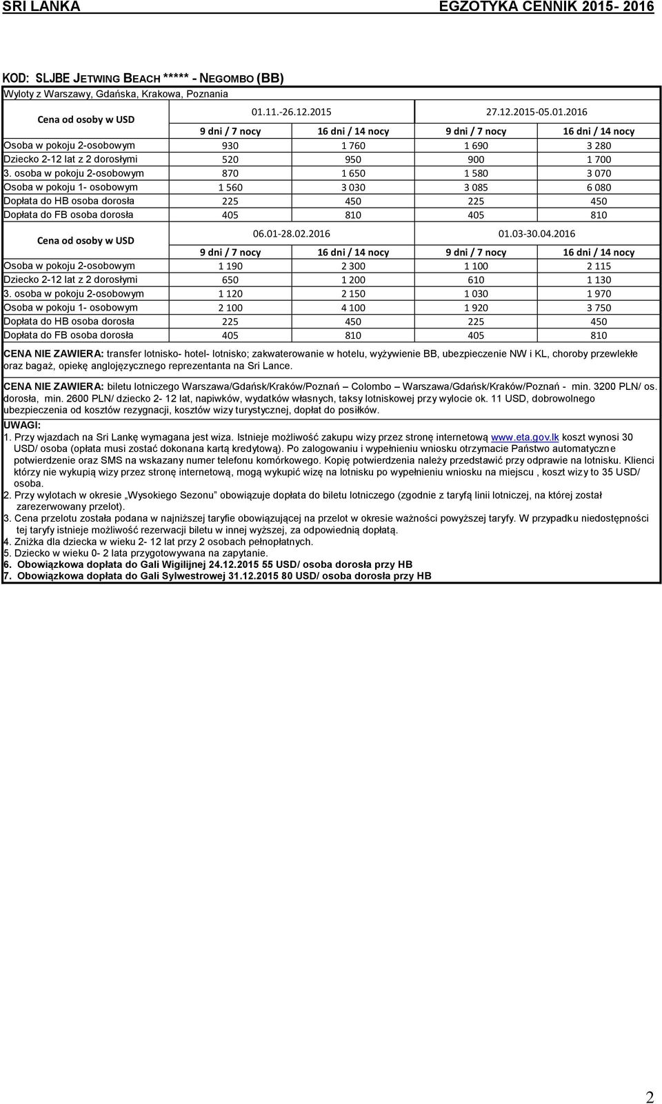 2016 01.03-30.04.2016 Osoba w pokoju 2-osobowym 1 190 2 300 1 100 2 115 Dziecko 2-12 lat z 2 dorosłymi 650 1 200 610 1 130 3.