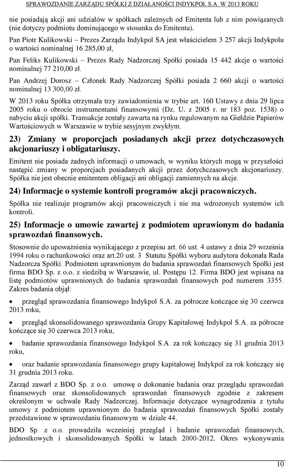 wartości nominalnej 77 210,00 zł. Pan Andrzej Dorosz Członek Rady Nadzorczej Spółki posiada 2 660 akcji o wartości nominalnej 13 300,00 zł.