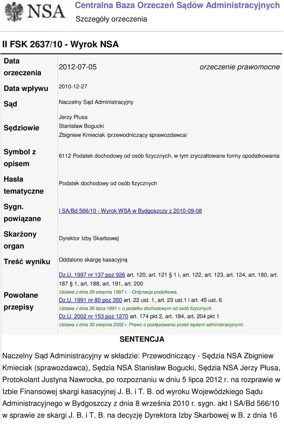 powiązane Skarżony organ Treść wyniku Powołane przepisy Naczelny Sąd Administracyjny Jerzy Płusa Stanisław Bogucki Zbigniew Kmieciak /przewodniczący sprawozdawca/ 6112 Podatek dochodowy od osób