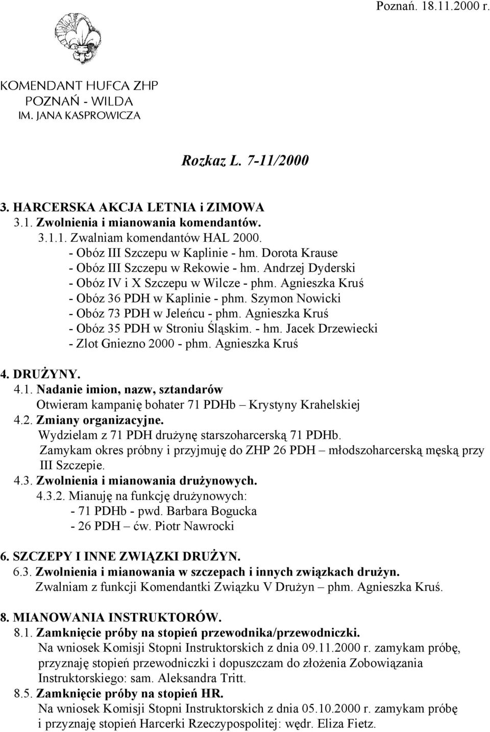 Agnieszka Kruś - Obóz 35 PDH w Stroniu Śląskim. - hm. Jacek Drzewiecki - Zlot Gniezno 2000 - phm. Agnieszka Kruś 4.1.