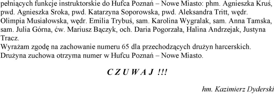 Karolina Wygralak, sam. Anna Tamska, sam. Julia Górna, ćw. Mariusz Bączyk, och.