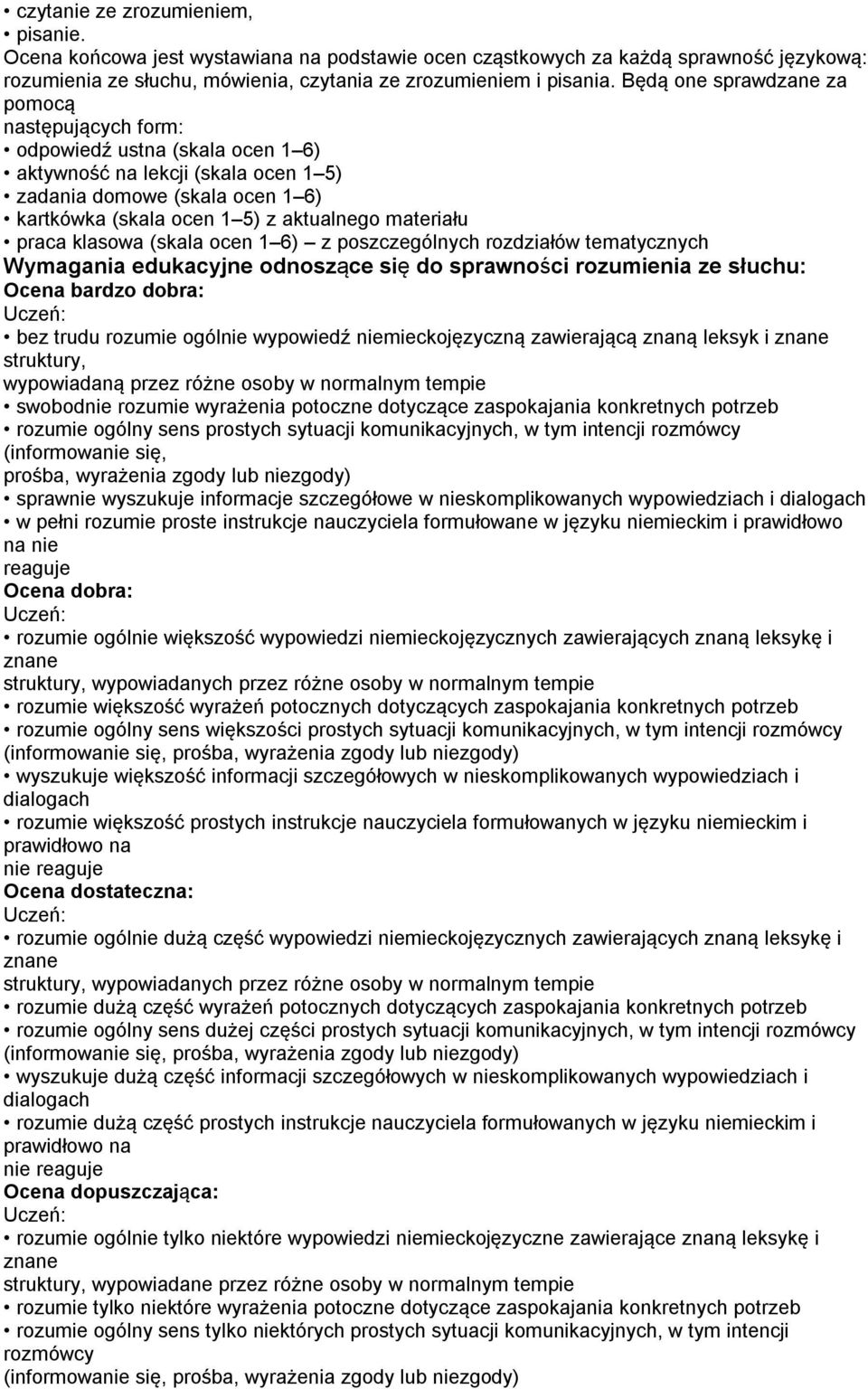 materiału praca klasowa (skala ocen 1 6) z poszczególnych rozdziałów tematycznych Wymagania edukacyjne odnoszące się do sprawności rozumienia ze słuchu: bez trudu rozumie ogólnie wypowiedź
