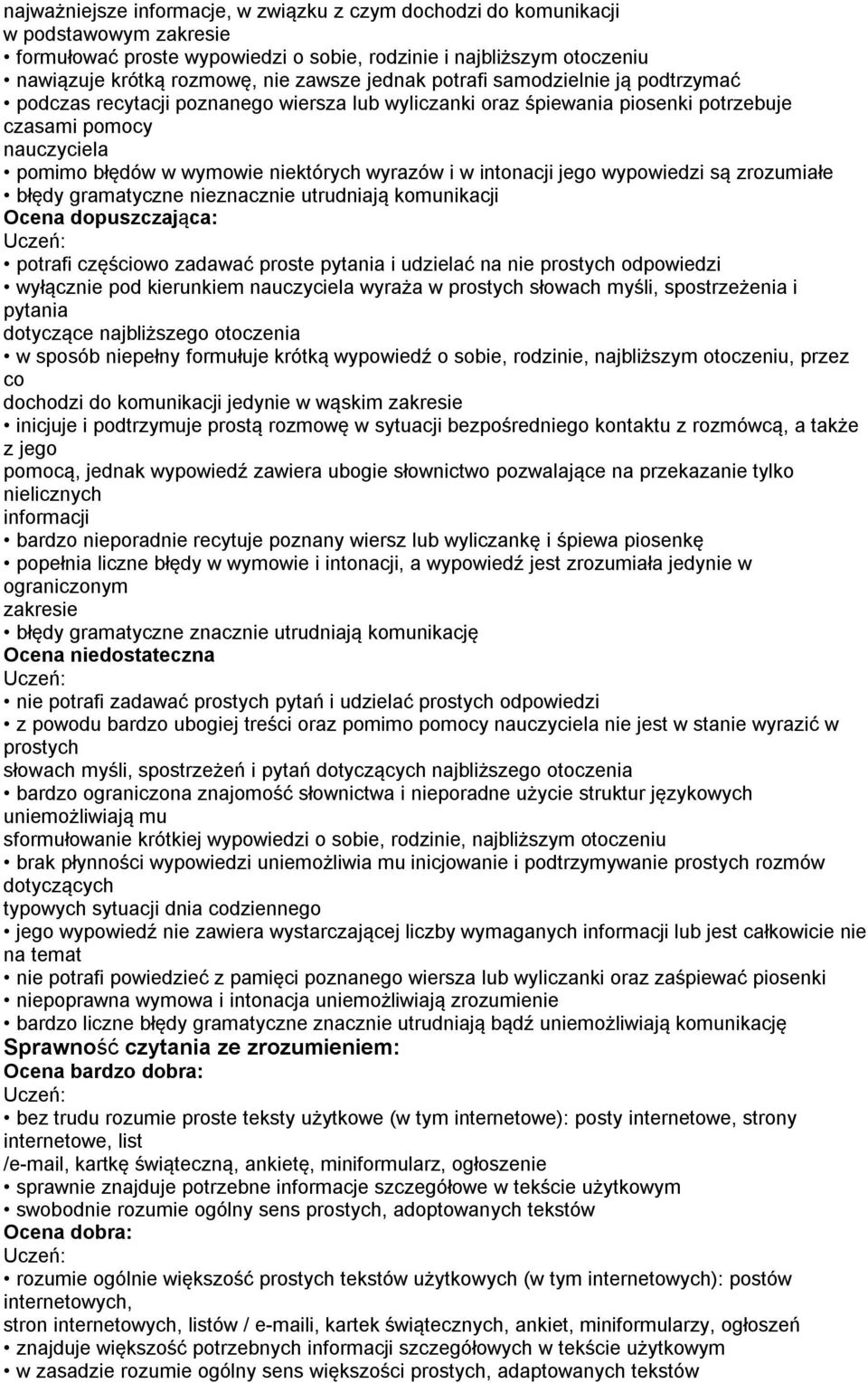 w intonacji jego wypowiedzi są zrozumiałe błędy gramatyczne nieznacznie utrudniają komunikacji Ocena dopuszczająca: potrafi częściowo zadawać proste pytania i udzielać na nie prostych odpowiedzi