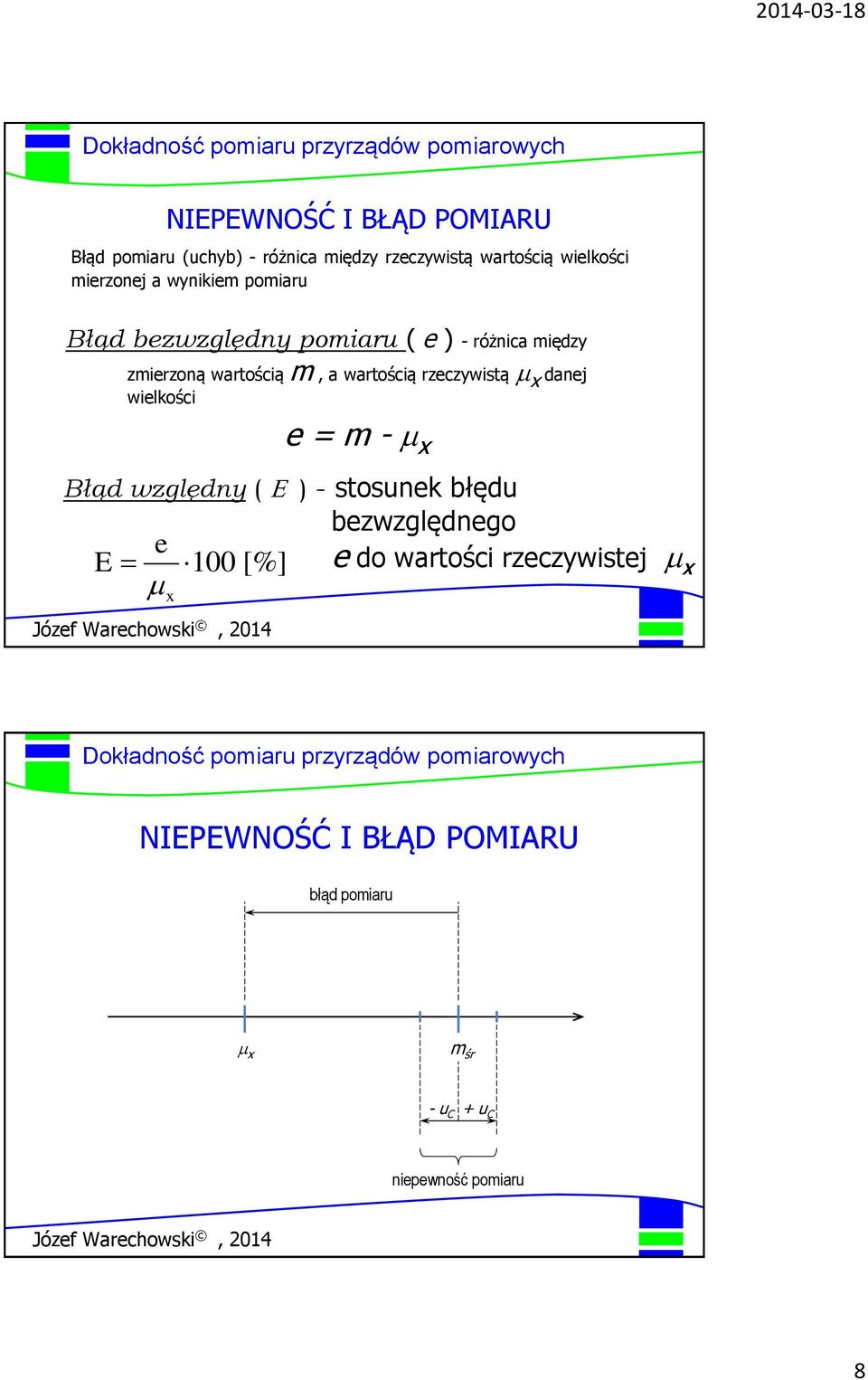 rzeczywistą m x danej wielkości e = m - m x Błąd względny ( E ) - stosunek błędu e E 100 [%] m x