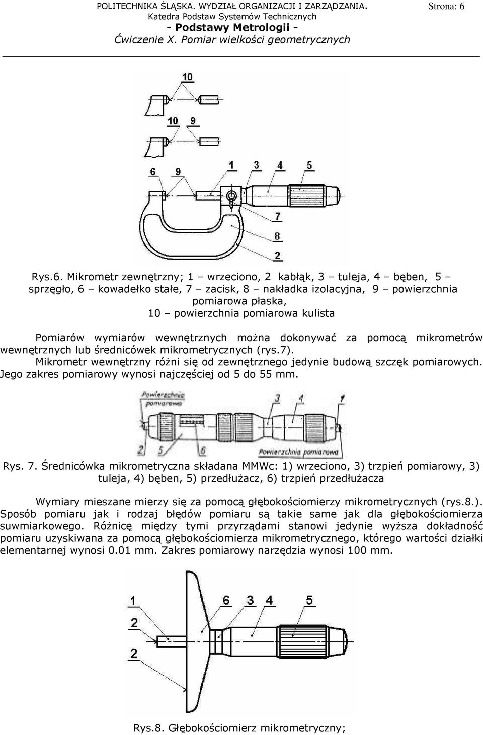 Mikrometr zewnętrzny; 1 wrzeciono, 2 kabłąk, 3 tuleja, 4 bęben, 5 sprzęgło, 6 kowadełko stałe, 7 zacisk, 8 nakładka izolacyjna, 9 powierzchnia pomiarowa płaska, 10 powierzchnia pomiarowa kulista