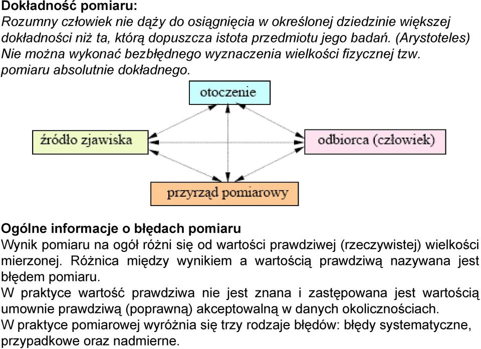 Ogólne informacje o błędach pomiaru Wynik pomiaru na ogół różni się od wartości prawdziwej (rzeczywistej) wielkości mierzonej.