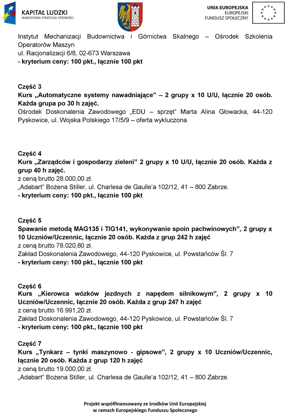 Ośrodek Doskonalenia Zawodowego EDU sprzęt Marta Alina Głowacka, 44-120 Pyskowice, ul.