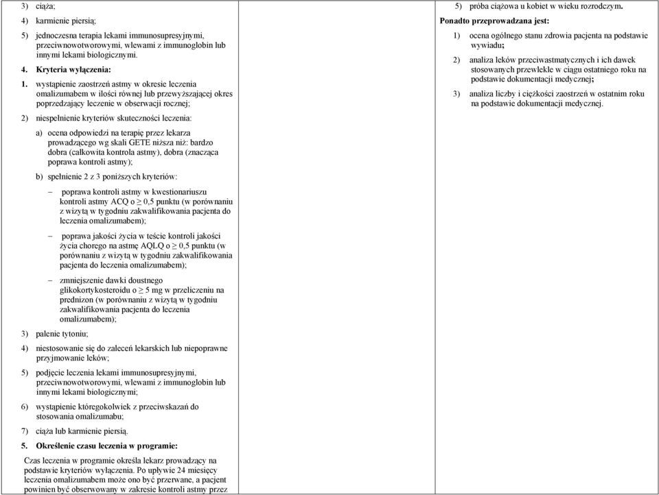 ocena odpowiedzi na terapię przez lekarza prowadzącego wg skali GETE niższa niż: bardzo dobra (całkowita kontrola astmy), dobra (znacząca poprawa kontroli astmy); b) spełnienie 2 z 3 poniższych