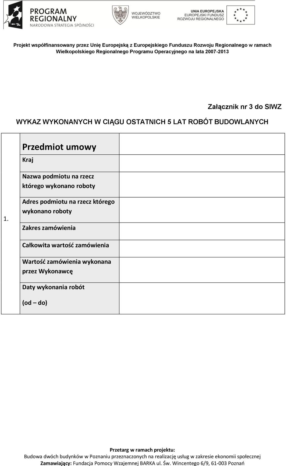 1. Adres podmiotu na rzecz którego wykonano roboty Zakres zamówienia Całkowita