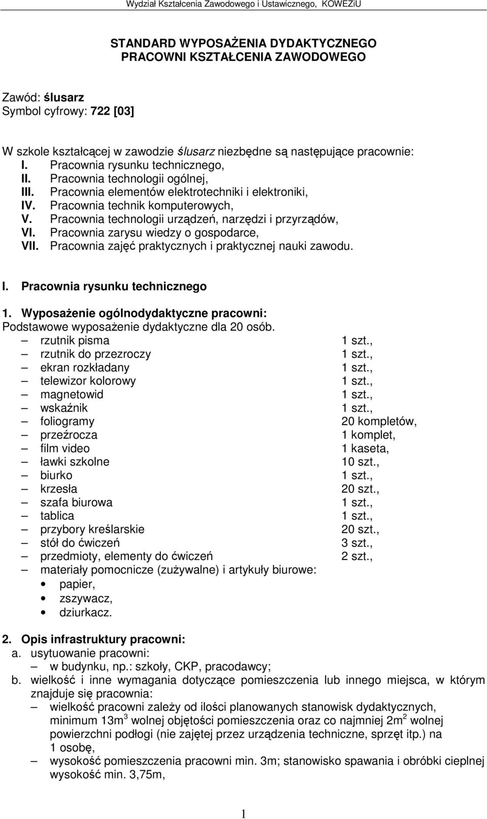 Pracownia technologii urzdze, narzdzi i przyrzdów, VI. Pracownia zarysu wiedzy o gospodarce, VII. Pracownia zaj praktycznych i praktycznej nauki zawodu. I.