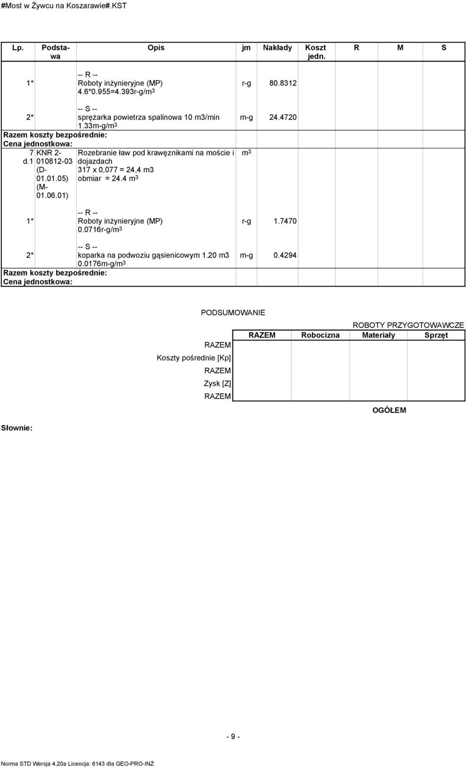 01) Rozebranie ław pod krawęznikami na moście i dojazdach 317 x 0,077 = 24,4 m3 obmiar = 24.4 m 3 0.