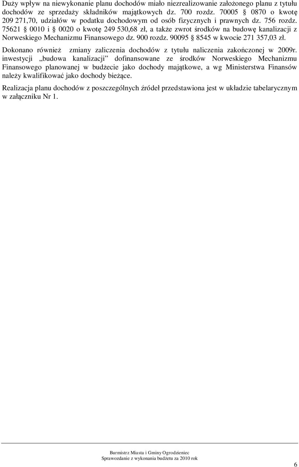 75621 0010 i 0020 o kwotę 249 530,68 zł, a także zwrot środków na budowę kanalizacji z Norweskiego Mechanizmu Finansowego dz. 900 rozdz. 90095 8545 w kwocie 271 357,03 zł.