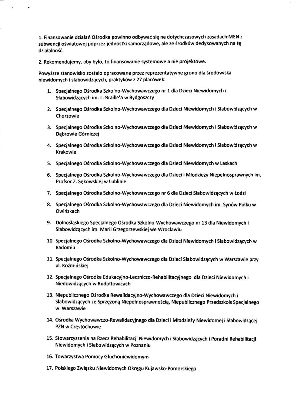 Powyzsze stanowisko zostato opracowane przez reprezentatywne grono dia srodowiska niewidomych i stabowldzqcych, praktykow z 27 placdwek: 1.