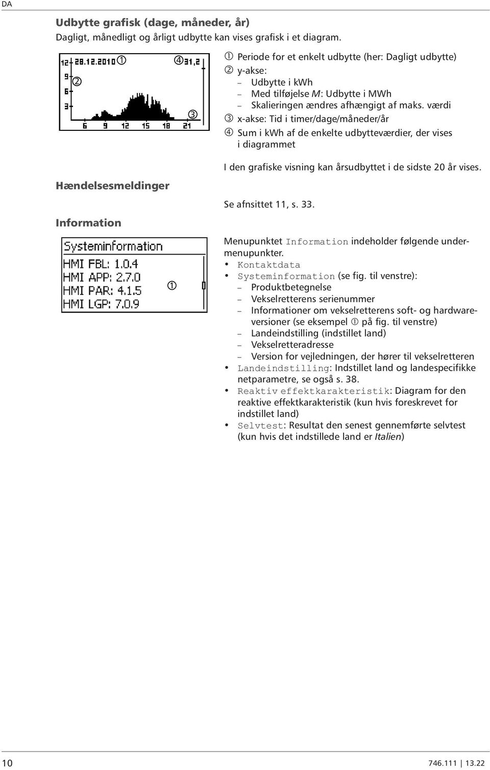 værdi 3 x-akse: Tid i timer/dage/måneder/år Sum i kwh af de enkelte udbytteværdier, der vises i diagrammet Hændelsesmeldinger Information 1 I den grafiske visning kan årsudbyttet i de sidste 20 år