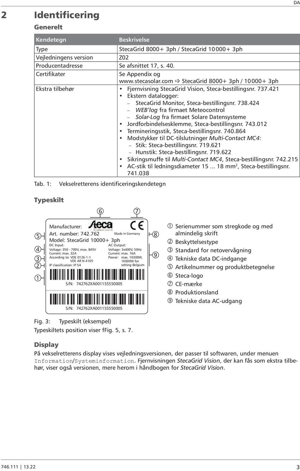421 Ekstern datalogger: Steca Grid Monitor, Steca-bestillingsnr. 738.424 WEB log fra firmaet Meteocontrol Solar-Log fra firmaet Solare Datensysteme Jordforbindelsesklemme, Steca-bestillingsnr. 743.