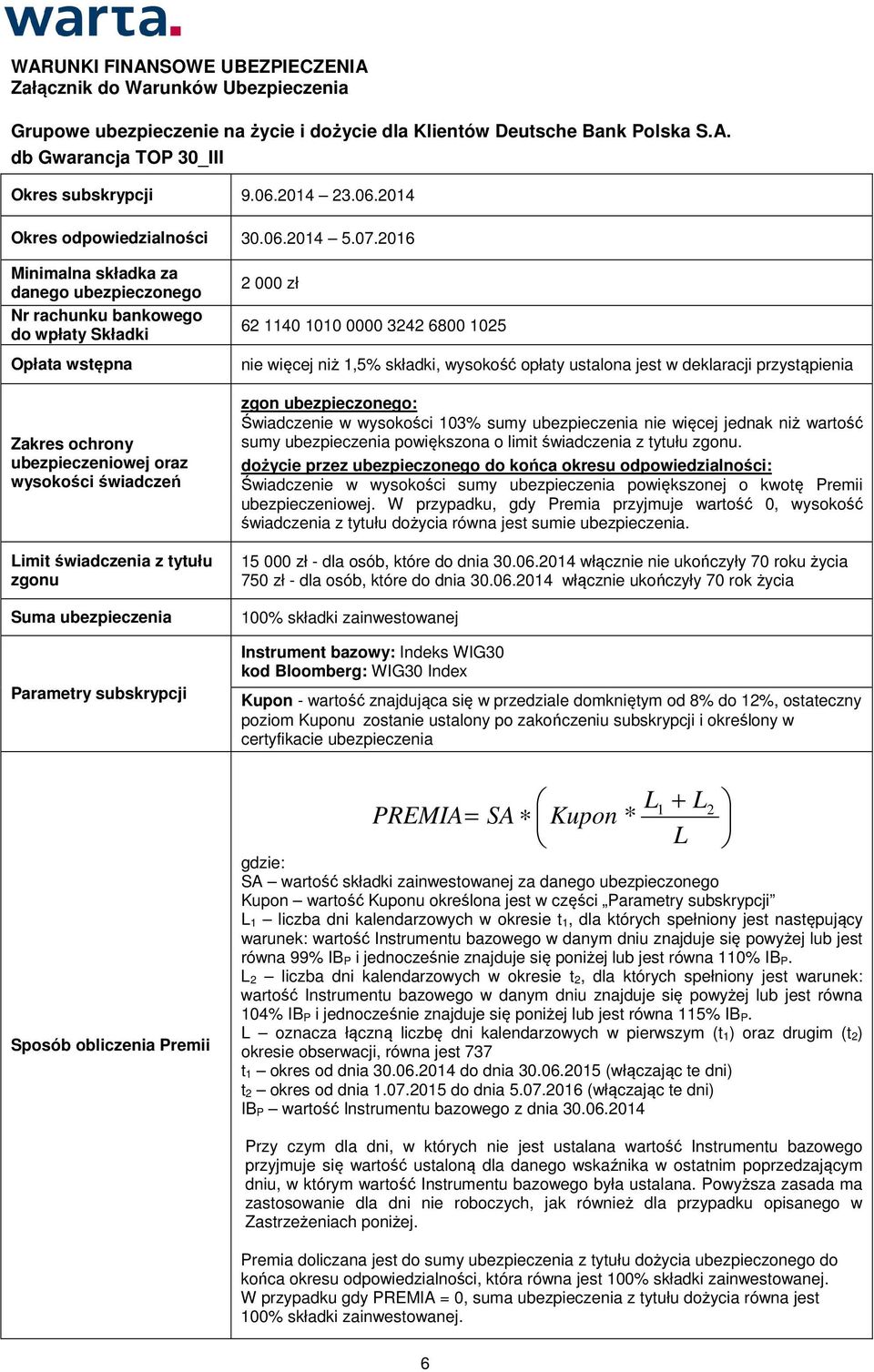 2016 Minimalna składka za danego ubezpieczonego Nr rachunku bankowego do wpłaty Składki Opłata wstępna Zakres ochrony ubezpieczeniowej oraz wysokości świadczeń Limit świadczenia z tytułu zgonu Suma