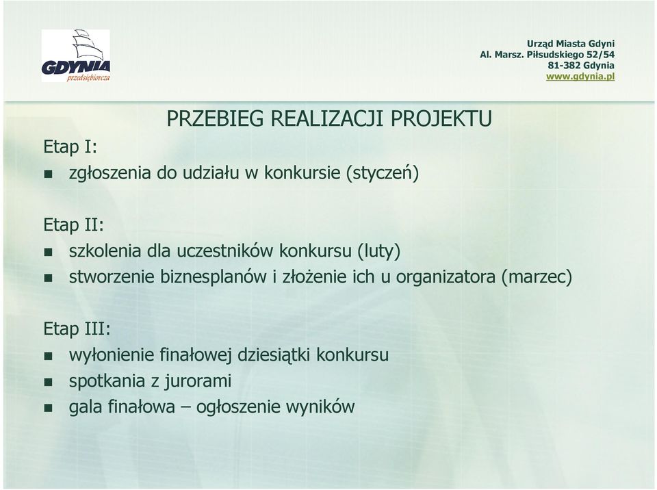 biznesplanów i złoŝenie ich u organizatora (marzec) Etap III: wyłonienie