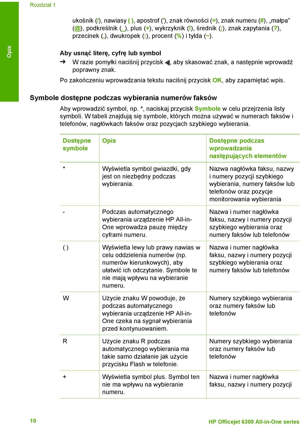 Po zakończeniu wprowadzania tekstu naciśnij przycisk OK, aby zapamiętać wpis. Symbole dostępne podczas wybierania numerów faksów Aby wprowadzić symbol, np.
