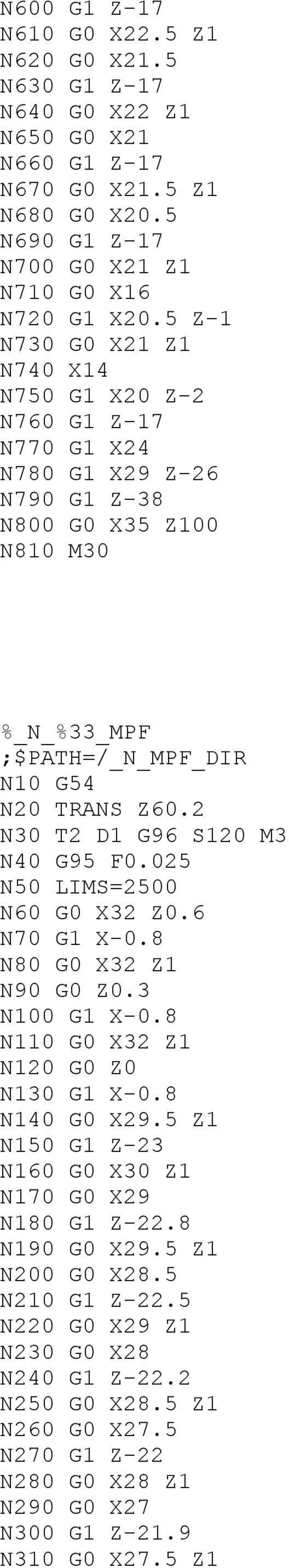 2 N30 T2 D1 G96 S120 M3 N40 G95 F0.025 N50 LIMS=2500 N60 G0 X32 Z0.6 N70 G1 X-0.8 N80 G0 X32 Z1 N90 G0 Z0.3 N100 G1 X-0.8 N110 G0 X32 Z1 N120 G0 Z0 N130 G1 X-0.8 N140 G0 X29.