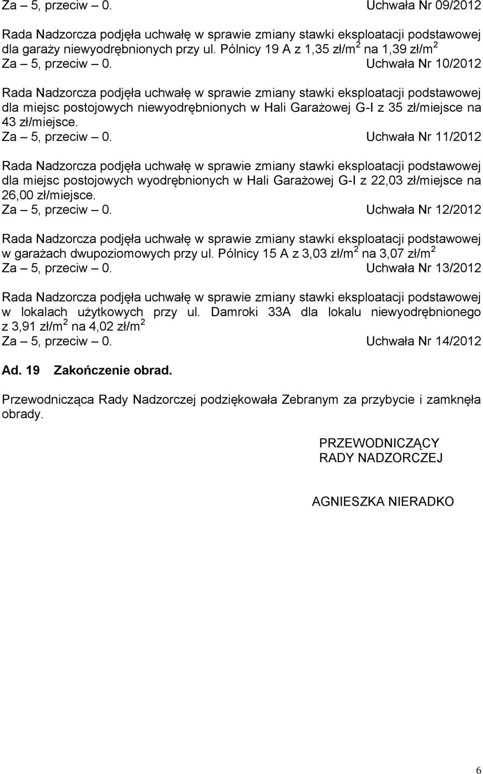 Uchwała Nr 11/2012 dla miejsc postojowych wyodrębnionych w Hali Garażowej G-I z 22,03 zł/miejsce na 26,00 zł/miejsce. Za 5, przeciw 0. Uchwała Nr 12/2012 w garażach dwupoziomowych przy ul.