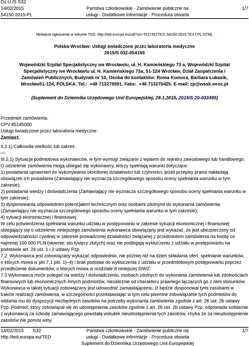 Kamieńskiego 73 a, Wojewódzki Szpital Specjalistyczny we Wrocławiu ul. H.