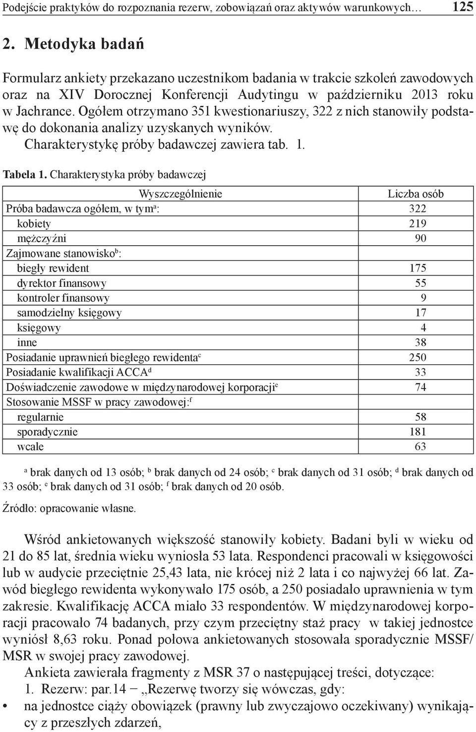 Ogółem otrzymano 351 kwestionariuszy, 322 z nich stanowiły podstawę do dokonania analizy uzyskanych wyników. Charakterystykę próby badawczej zawiera tab. 1. Tabela 1.