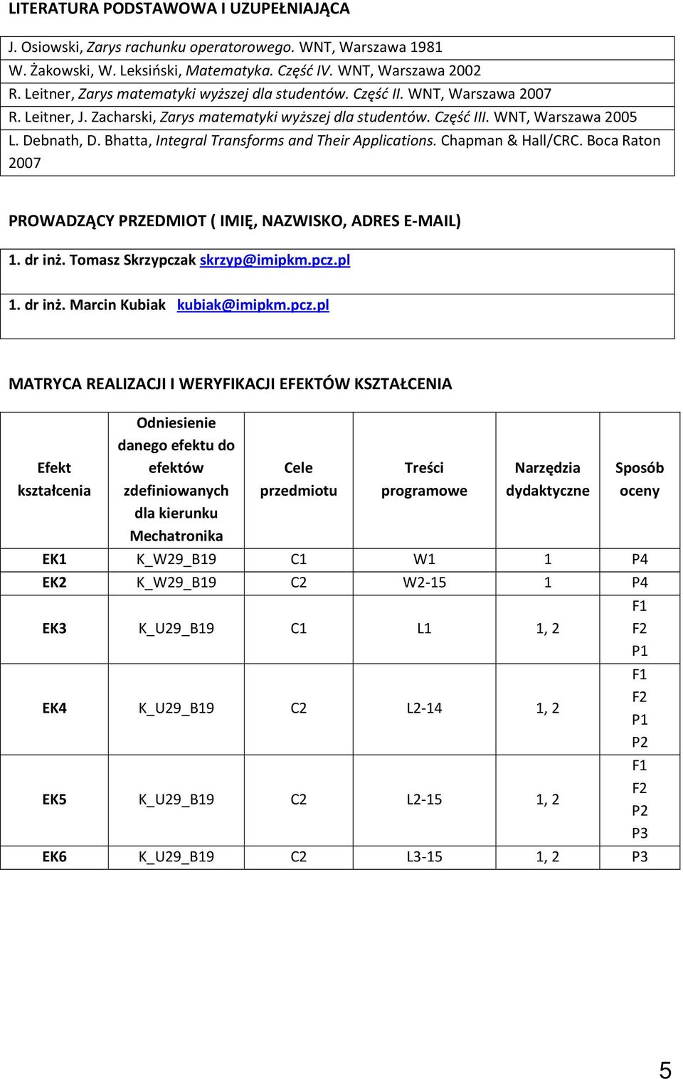 Bhatta, Integral Transforms and Their Applications. Chapman & Hall/CRC. Boca Raton 007 PROWADZĄCY PRZEDMIOT ( IMIĘ, NAZWISKO, ADRES E-MAIL). dr inż. Tomasz Skrzypczak skrzyp@imipkm.pcz.pl. dr inż. Marcin Kubiak kubiak@imipkm.