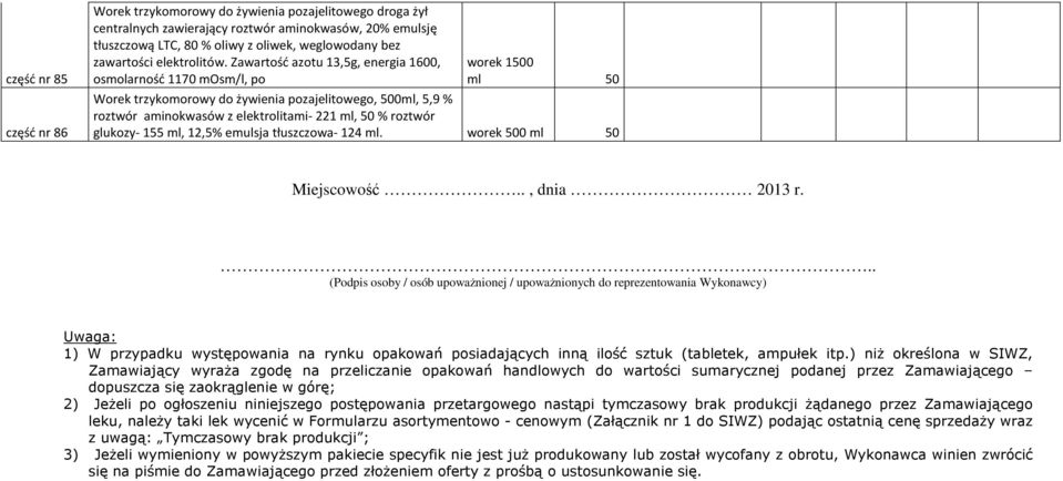 Zawartość azotu 13,5g, energia 1600, osmolarność 1170 mosm/l, po worek 1500 ml 50 Worek trzykomorowy do żywienia pozajelitowego, 500ml, 5,9 % roztwór aminokwasów z elektrolitami- 221 ml, 50 % roztwór