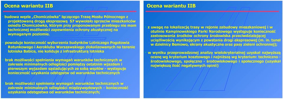 powoduje konieczność wyburzenia budynków Lotniczego Pogotowia Ratunkowego i Aeroklubu Warszawskiego zlokalizowanych na terenie lotniska Babice, nie koliduje z infrastrukturą lotniska brak możliwości