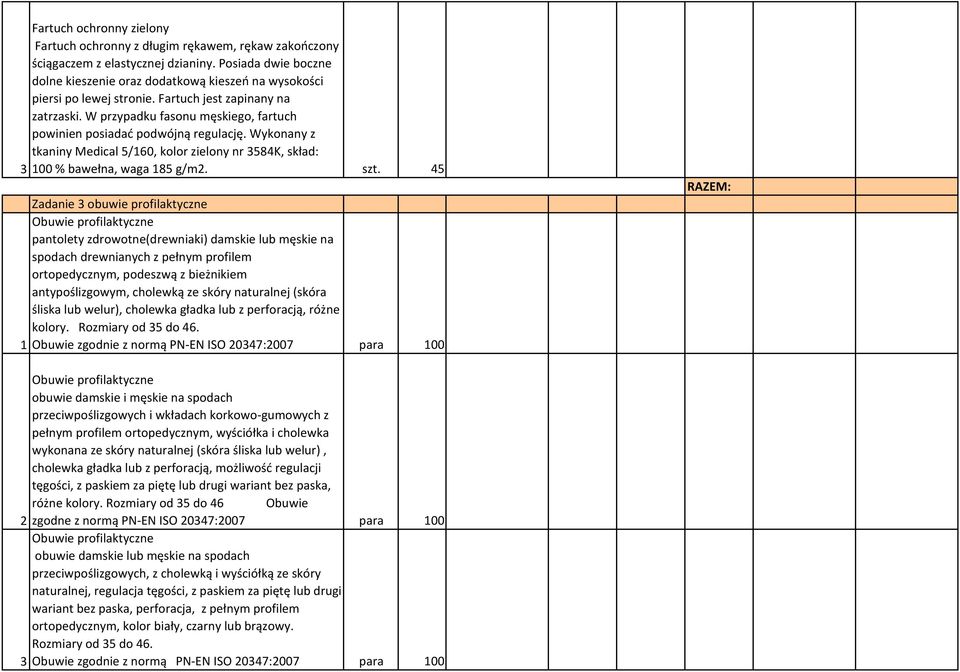 W przypadku fasonu męskiego, fartuch powinien posiadać podwójną regulację. Wykonany z tkaniny Medical 5/160, kolor zielony nr 3584K, skład: 3 100 % bawełna, waga 185 g/m2. szt.