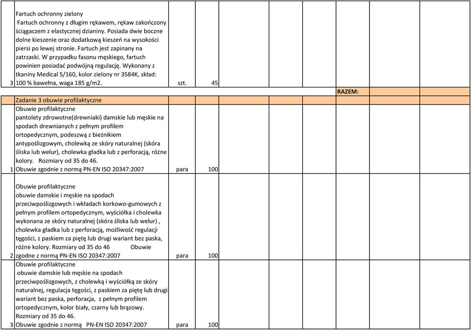 W przypadku fasonu męskiego, fartuch powinien posiadać podwójną regulację. Wykonany z tkaniny Medical 5/160, kolor zielony nr 3584K, skład: 3 100 % bawełna, waga 185 g/m2. szt.