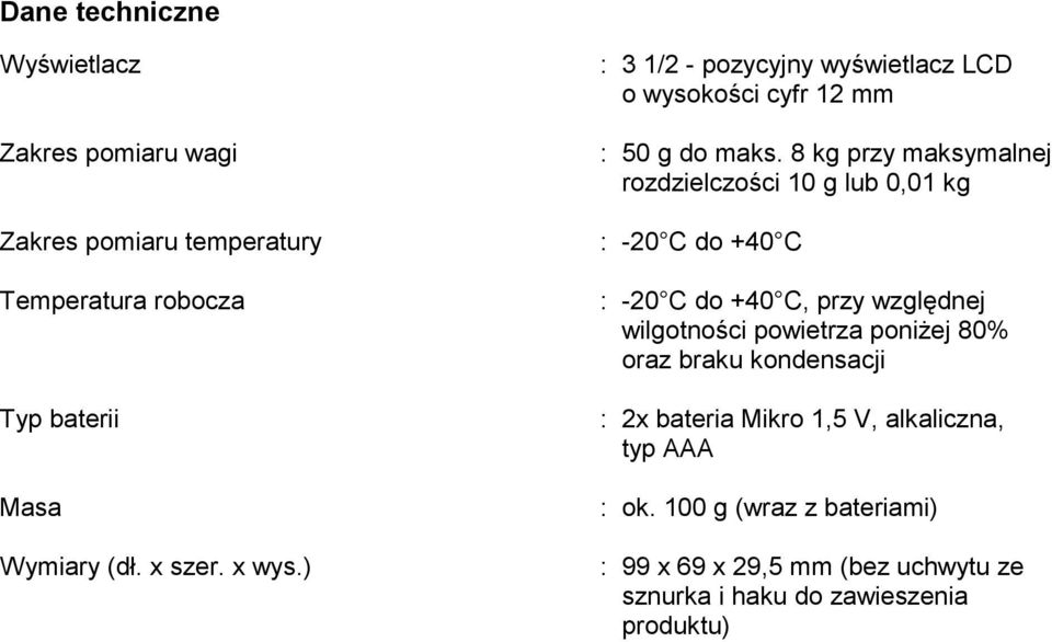 8 kg przy maksymalnej rozdzielczości 10 g lub 0,01 kg : -20 C do +40 C : -20 C do +40 C, przy względnej wilgotności powietrza