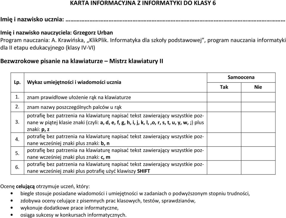 5. w piątej klasie znaki (czyli: a, d, e, f, g, h, i, j, k, l,,o, r, s, t, u, y, w, ;) plus