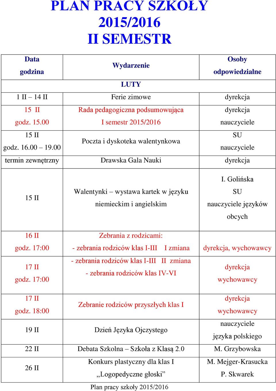 i angielskim I. Golińska nauczyciele języków obcych 16 II godz. 17:00 17 II godz.