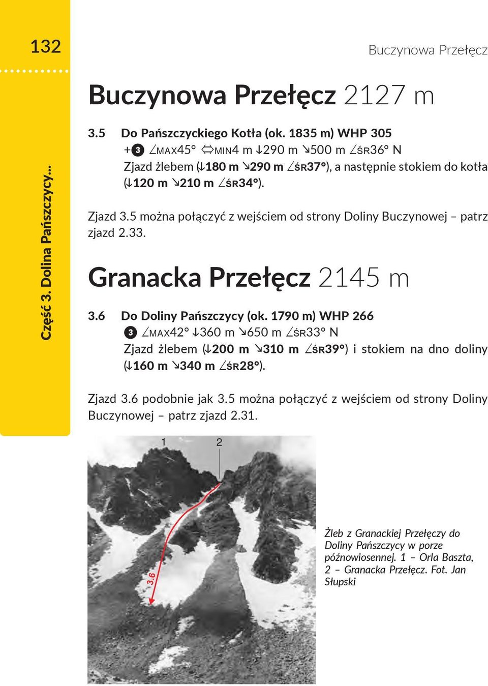 5 można połączyć z wejściem od strony Doliny Buczynowej patrz zjazd 2.33. Granacka Przełęcz 2145 m 3.6 Do Doliny Pańszczycy (ok.