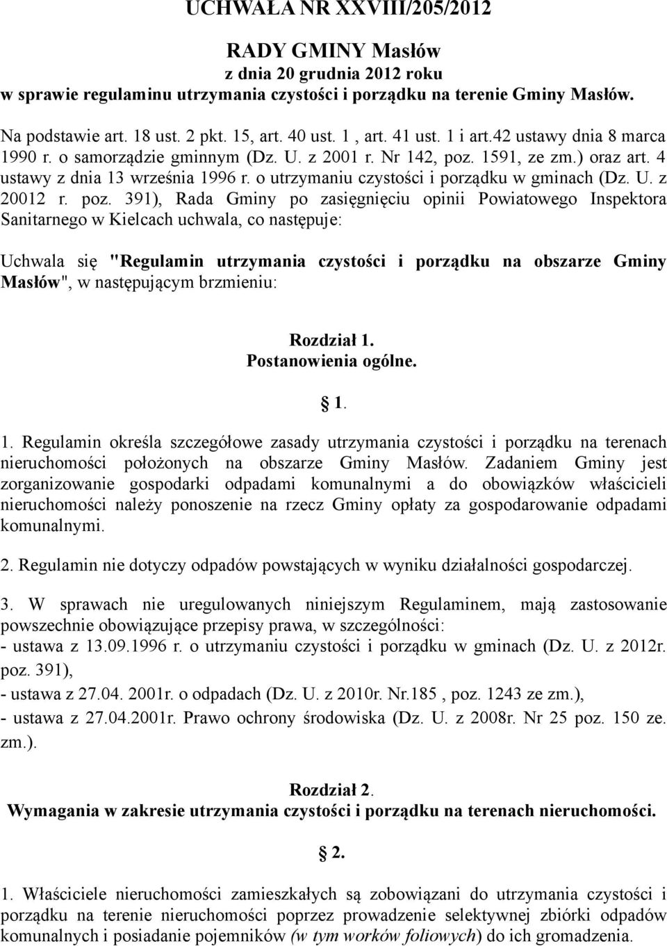 o utrzymaniu czystości i porządku w gminach (Dz. U. z 20012 r. poz.