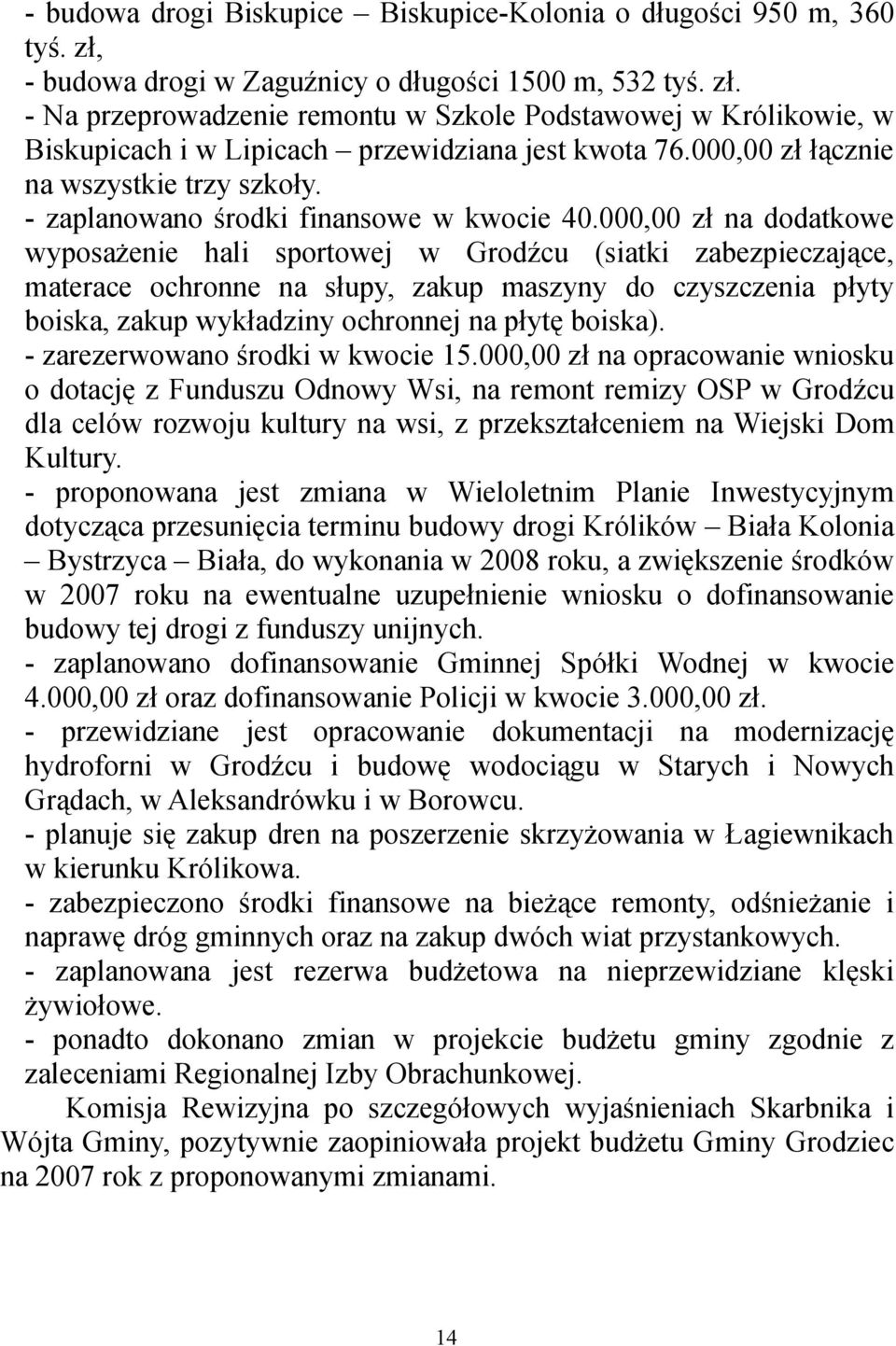 000,00 zł na dodatkowe wyposażenie hali sportowej w Grodźcu (siatki zabezpieczające, materace ochronne na słupy, zakup maszyny do czyszczenia płyty boiska, zakup wykładziny ochronnej na płytę boiska).