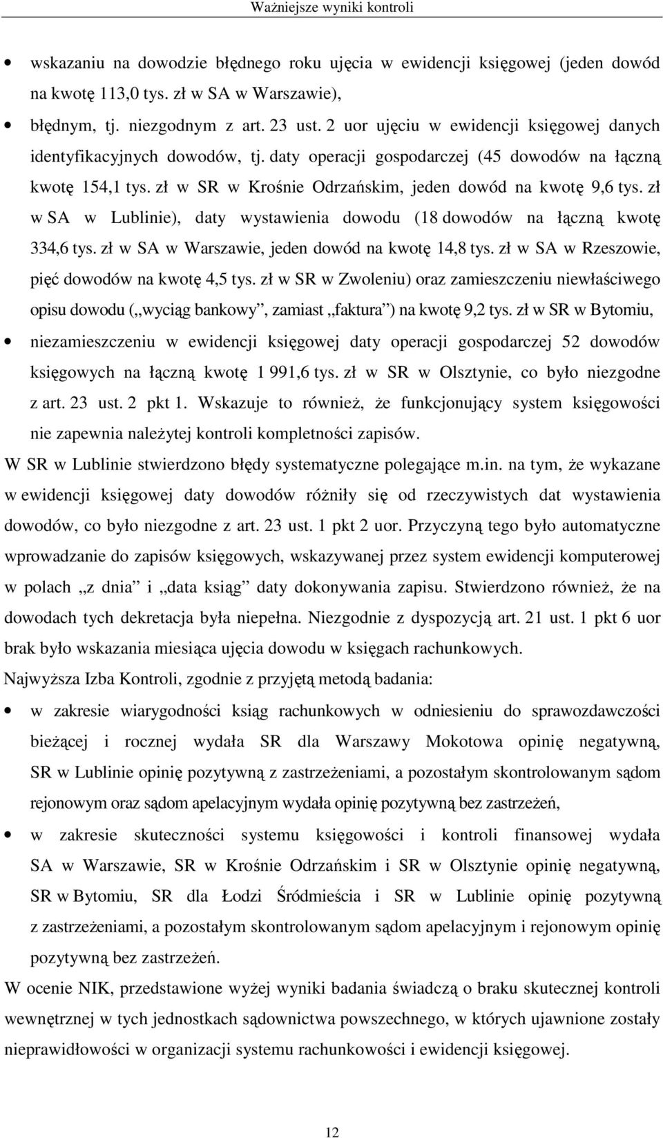 zł w SA w Lublinie), daty wystawienia dowodu (18 dowodów na łączną kwotę 334,6 tys. zł w SA w Warszawie, jeden dowód na kwotę 14,8 tys. zł w SA w Rzeszowie, pięć dowodów na kwotę 4,5 tys.