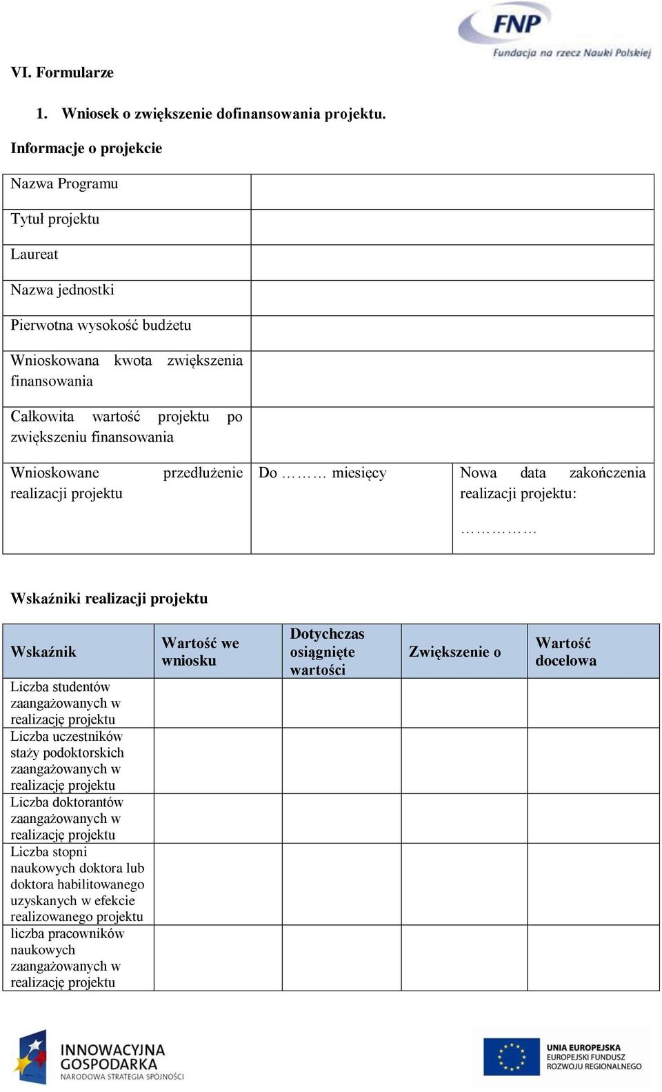 finansowania Wnioskowane realizacji projektu przedłużenie Do miesięcy Nowa data zakończenia realizacji projektu: Wskaźniki realizacji projektu Wskaźnik Liczba studentów realizację projektu