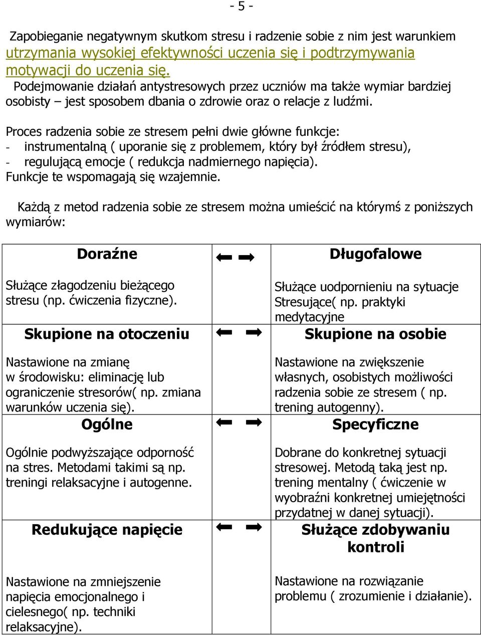 Proces radzenia sobie ze stresem pełni dwie główne funkcje: - instrumentalną ( uporanie się z problemem, który był źródłem stresu), - regulującą emocje ( redukcja nadmiernego napięcia).
