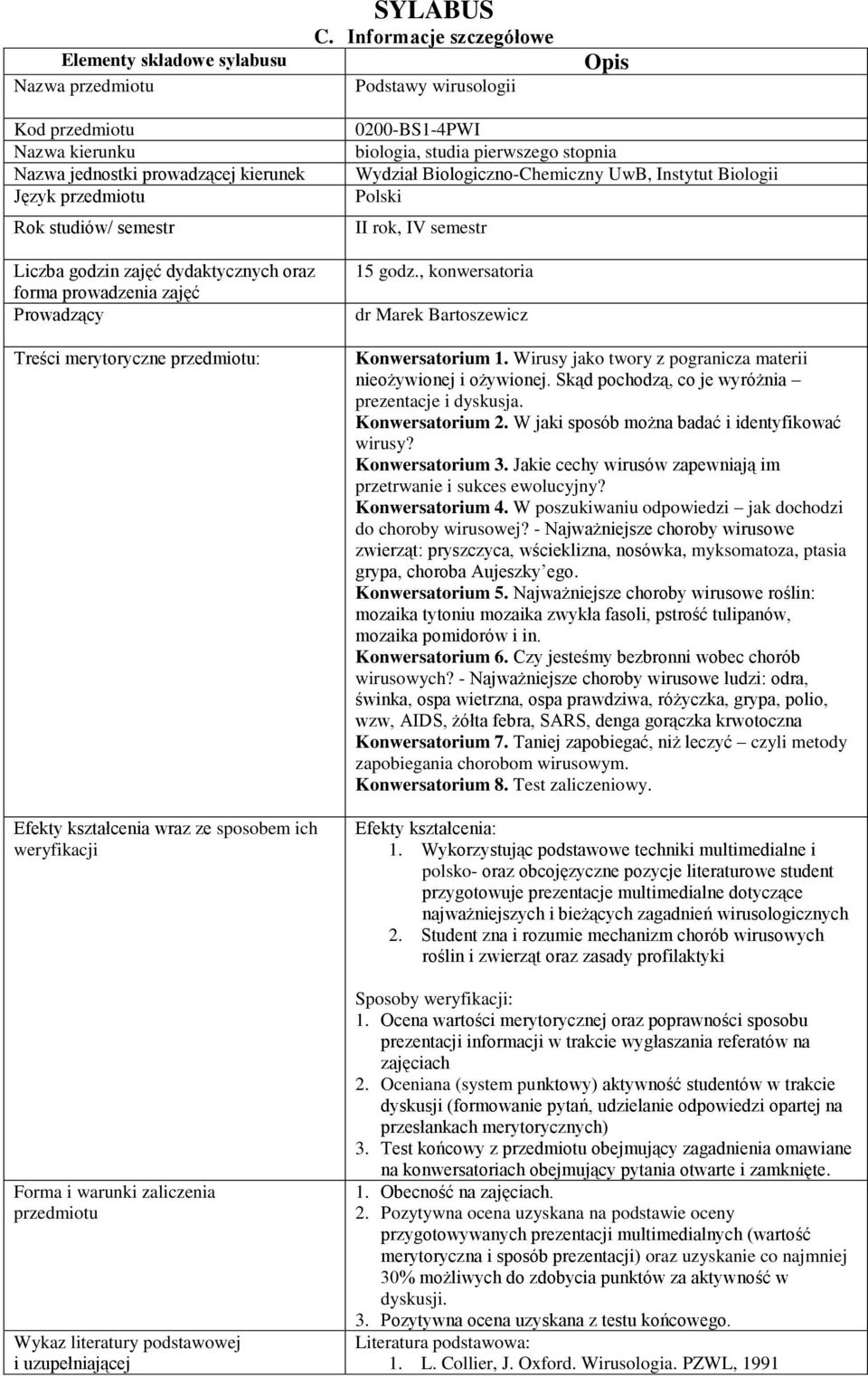 prowadzenia zajęć Prowadzący Treści merytoryczne przedmiotu: Efekty kształcenia wraz ze sposobem ich weryfikacji Forma i warunki zaliczenia przedmiotu Wykaz literatury podstawowej i uzupełniającej