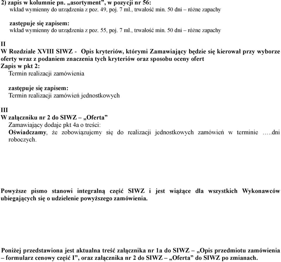 50 dni różne zapachy II W Rozdziale XVIII SIWZ - Opis kryteriów, którymi Zamawiający będzie się kierował przy wyborze oferty wraz z podaniem znaczenia tych kryteriów oraz sposobu oceny ofert Zapis w