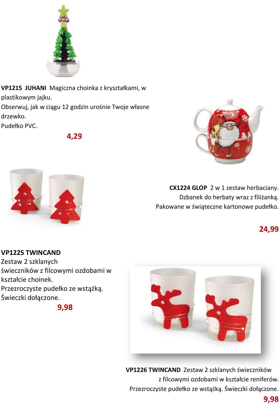 24,99 VP1225 TWINCAND Zestaw 2 szklanych świeczników z filcowymi ozdobami w kształcie choinek. Przezroczyste pudełko ze wstążką.